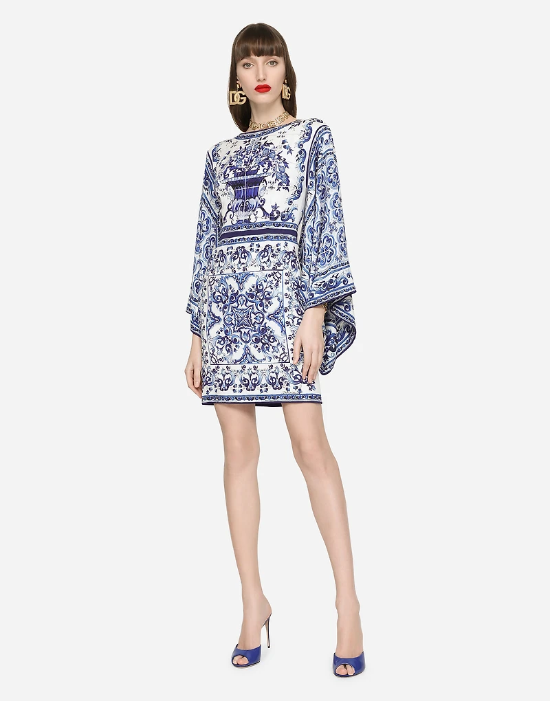 Short majolica-print charmeuse dress
