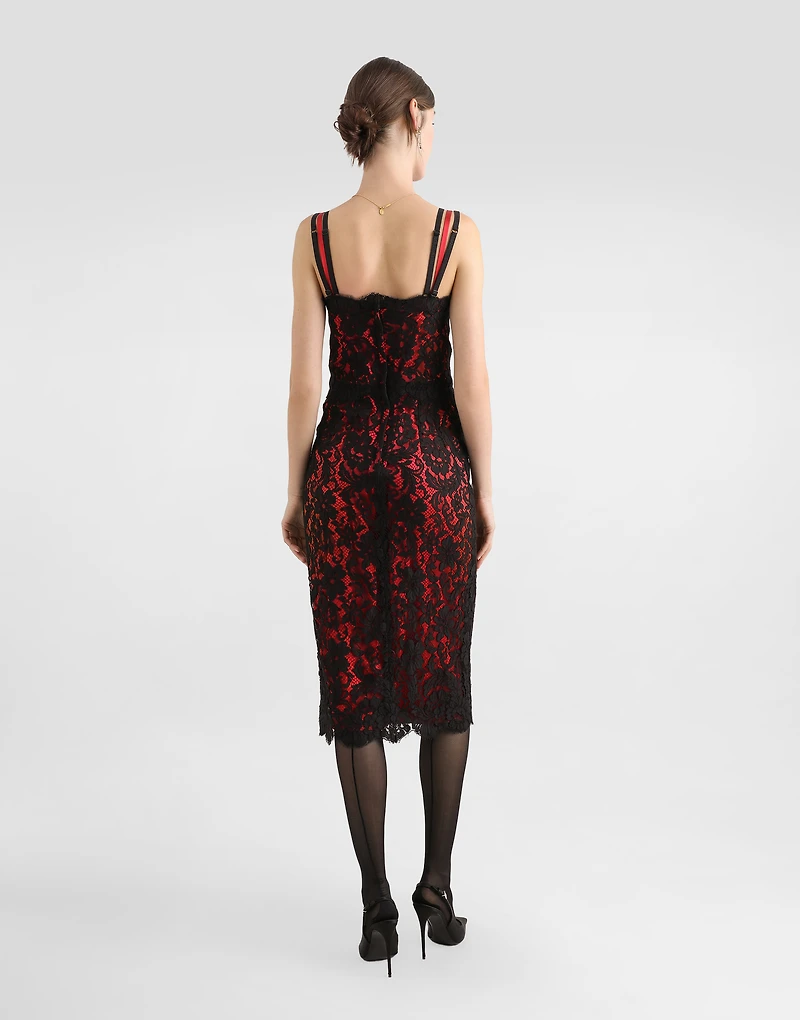 Calf-length floral lace slip dress with contrasting lining