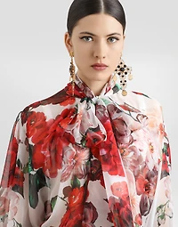 Chiffon pussy-bow blouse with rose print