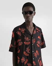 Short-sleeved cotton shirt with coral embroidery