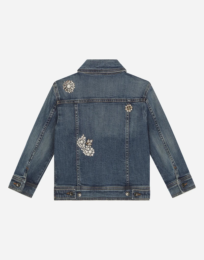 Stretch denim jacket with rhinestones and embroidery
