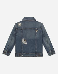 Stretch denim jacket with rhinestones and embroidery