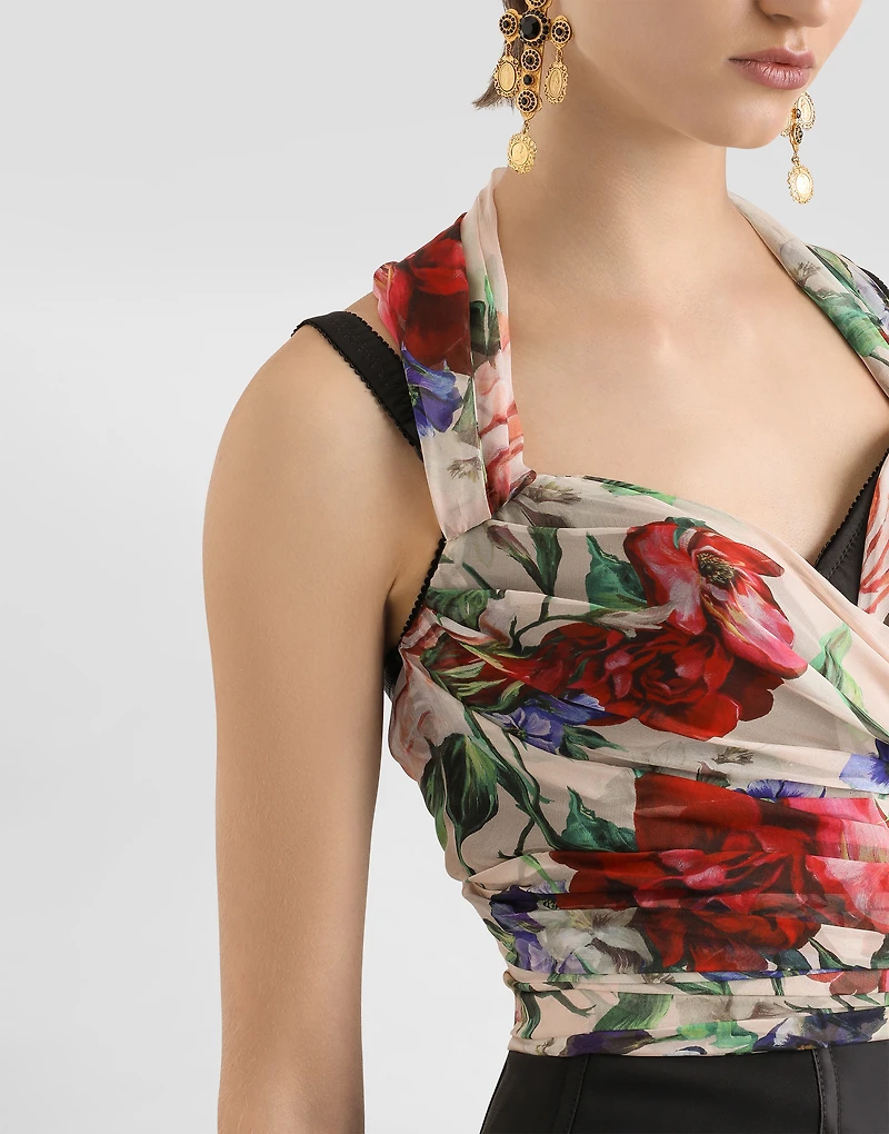 Marquisette and chiffon corset top with floral print