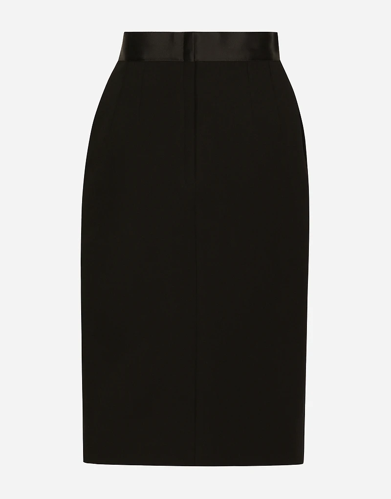 Wool midi pencil skirt with satin waistband