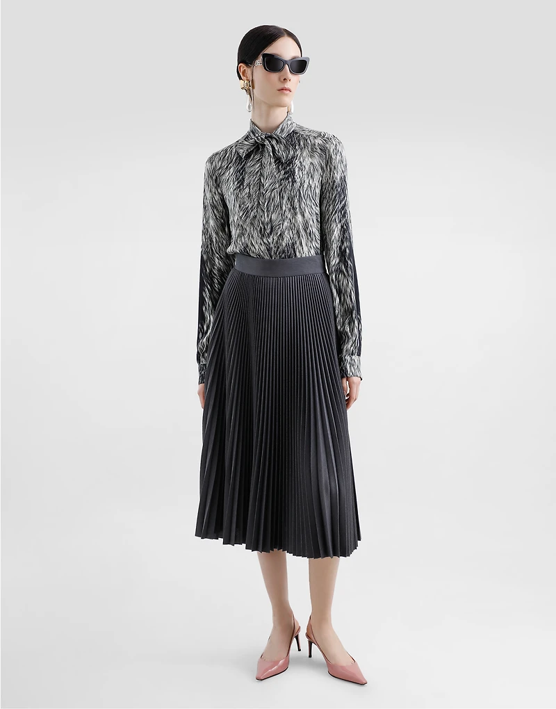 Fur-print charmeuse shirt with pussy-bow