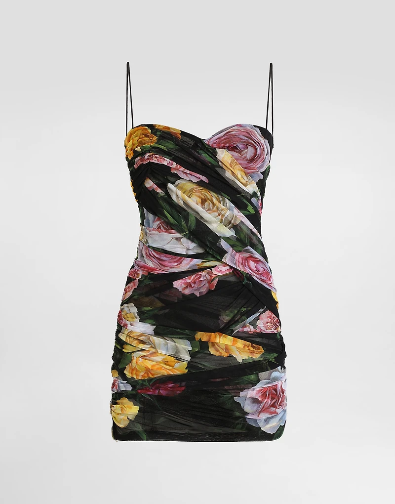 Short tulle dress with draping and peony rose print