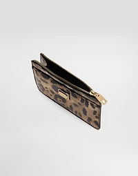 Medium leopard-print polished calfskin card holder with zipper