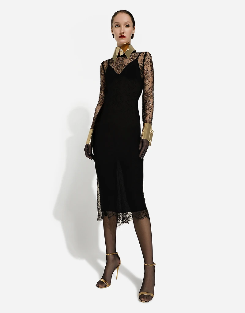 Chantilly lace fil coupé calf-length dress