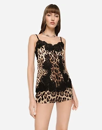 Leopard-print satin top with lace inlay