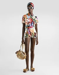Flower bouquet-print poplin shirt