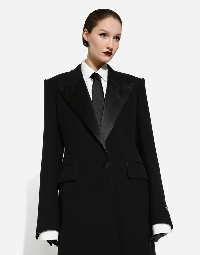 Long single-breasted wool tuxedo coat