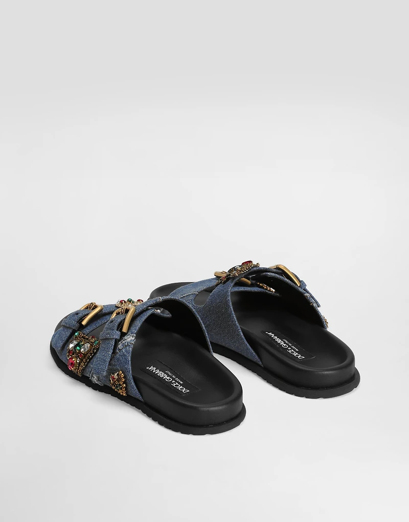 Flat denim slippers with embroidery