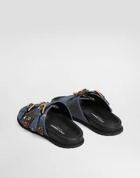 Flat denim slippers with embroidery