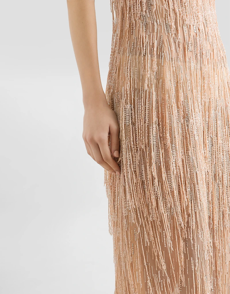 Calf-length dress with sequined fringe embellishment