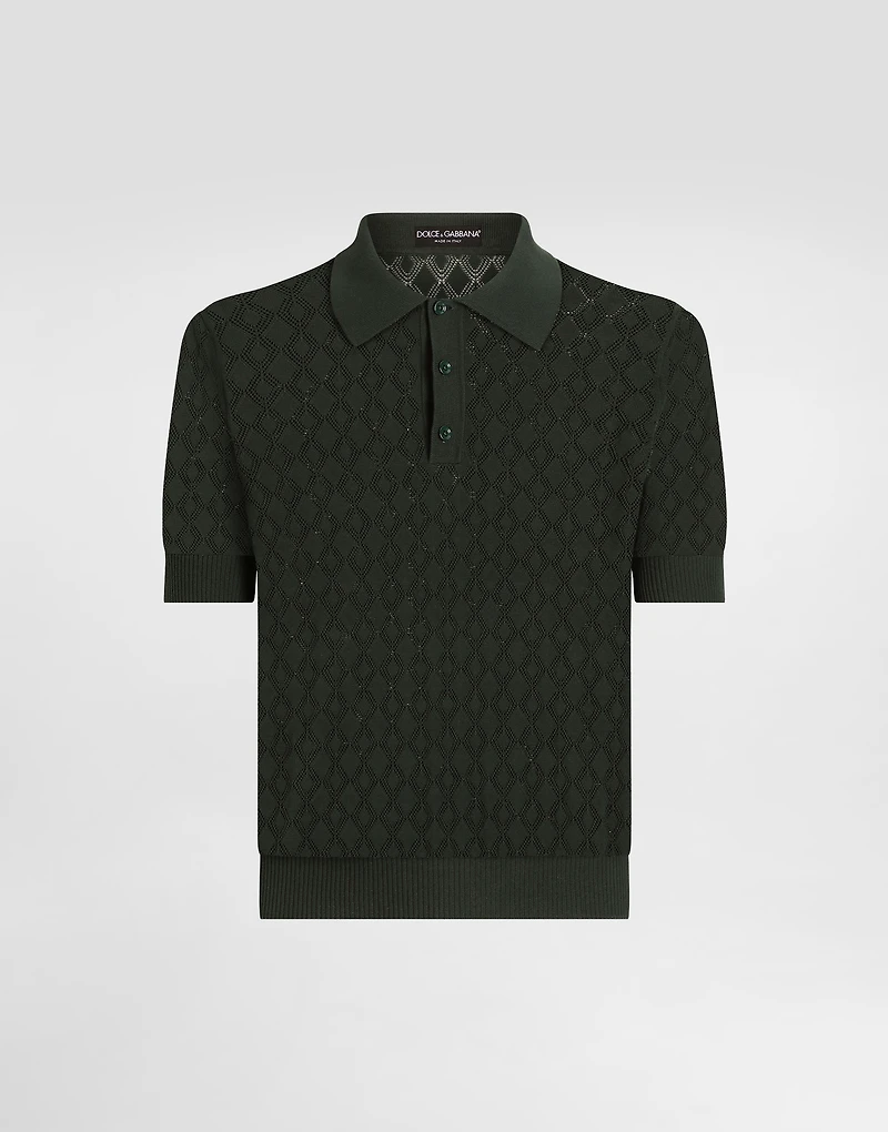 Short-sleeved cotton openwork polo-shirt