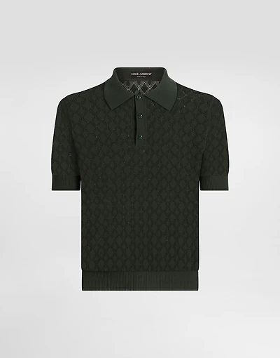 Short-sleeved cotton openwork polo-shirt
