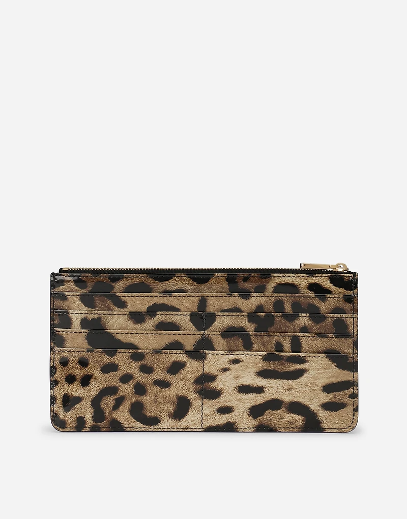 Large polished calfskin card holder with zipper and leopard print