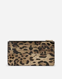 Large polished calfskin card holder with zipper and leopard print