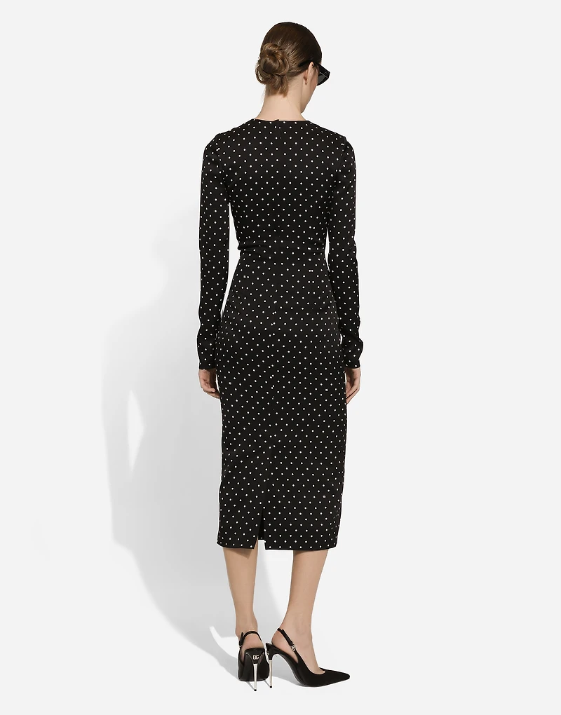 Charmeuse calf-length sheath dress with polka-dot print