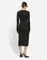 Charmeuse calf-length sheath dress with polka-dot print