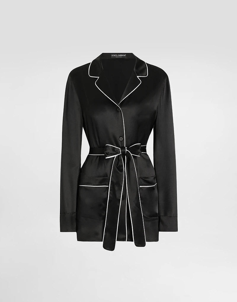 Silk pajama shirt with contrasting piping