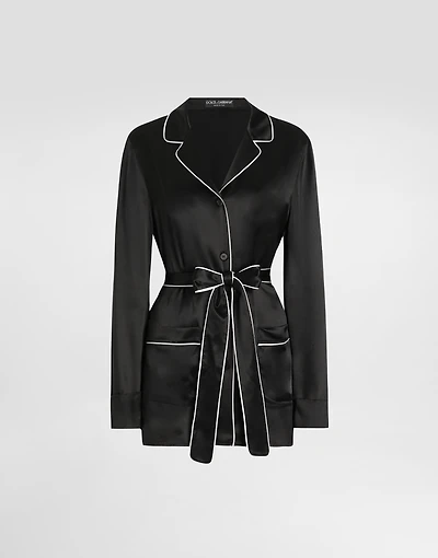 Silk pajama shirt with contrasting piping