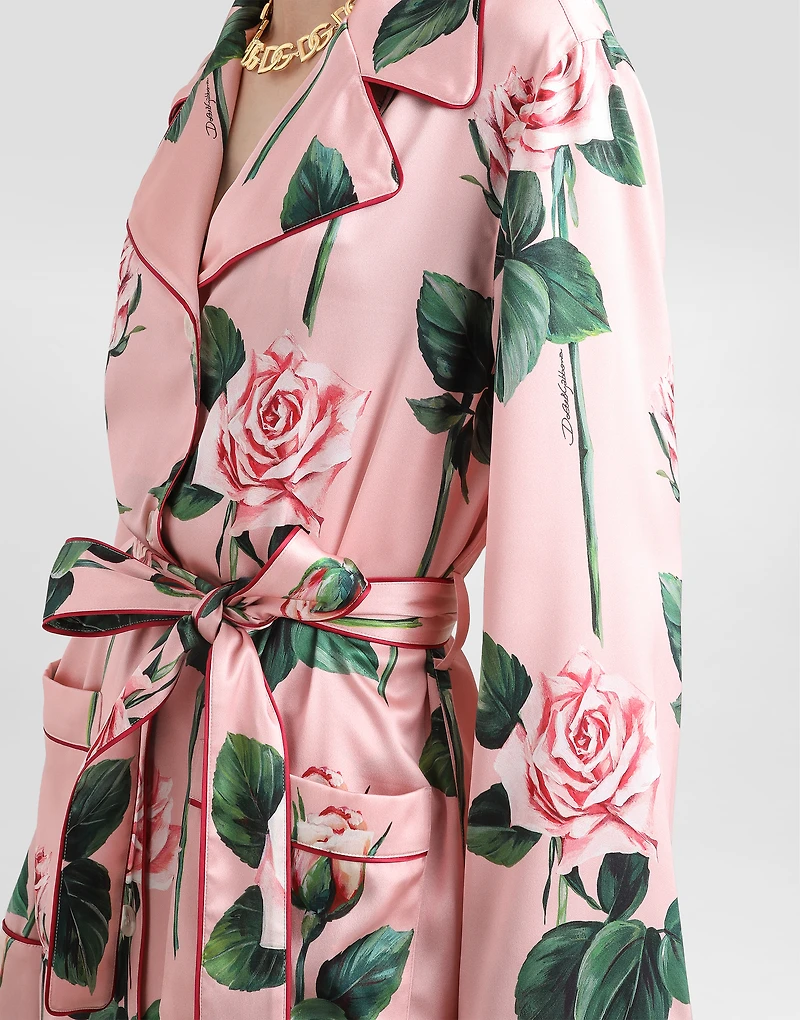 Rose-print satin pajama shirt