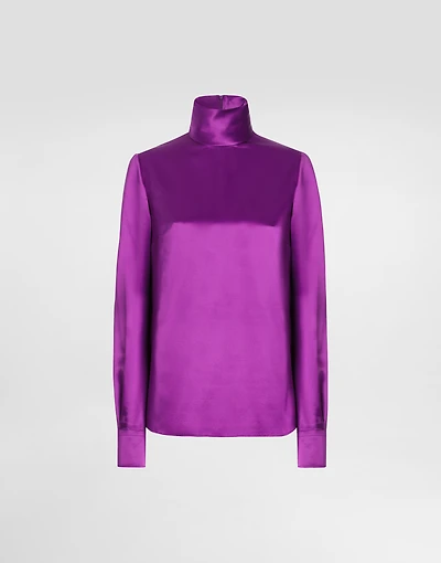 Silk satin sack top with turtle-neck