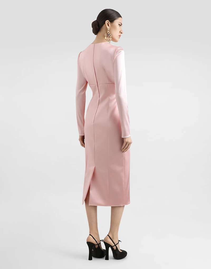 Stretch satin round-neck calf-length dress