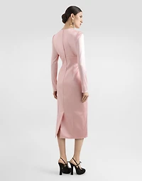 Stretch satin round-neck calf-length dress