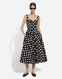 Cotton calf-length corset dress with polka-dot print