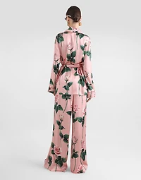 Rose-print satin pajama shirt