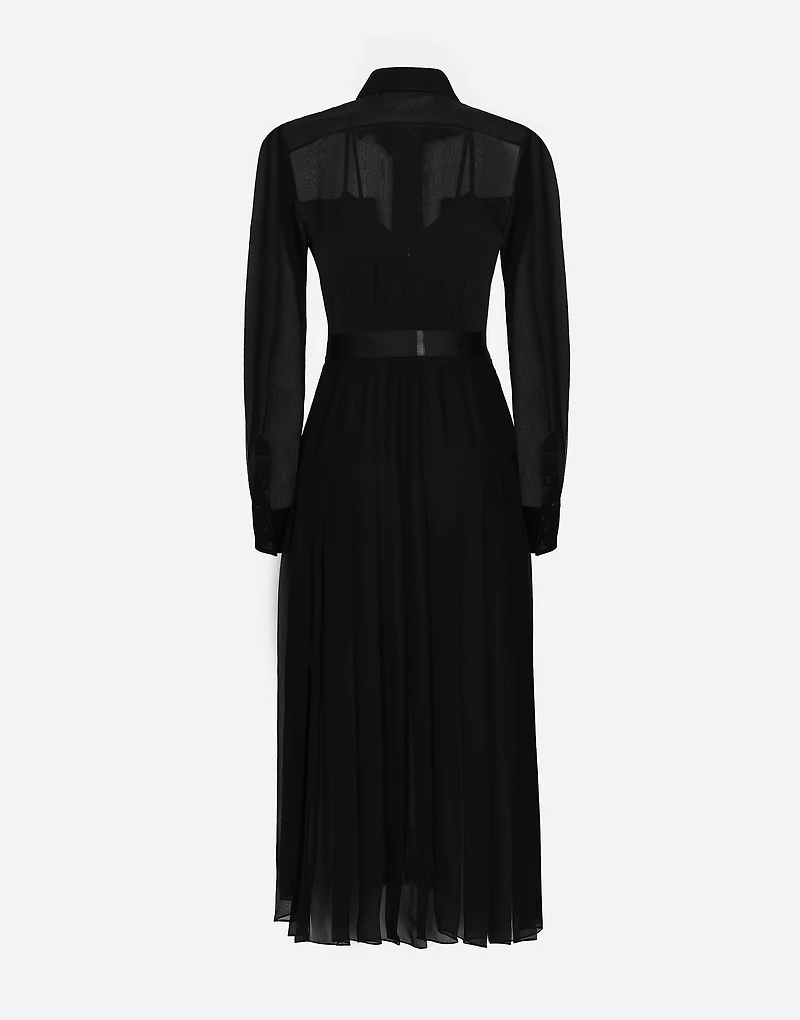 Chiffon calf-length shirt dress with satin details