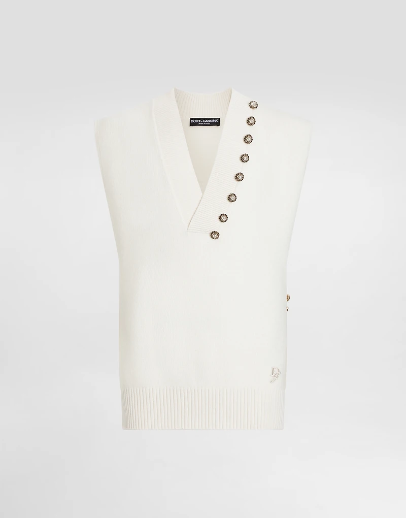 Wool V-neck vest with bejeweled buttons and DG embroidery