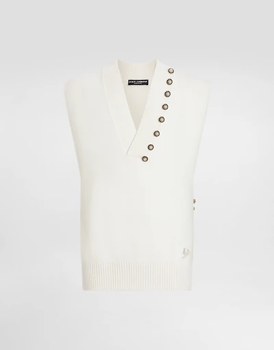 Wool V-neck vest with bejeweled buttons and DG embroidery