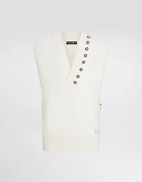 Wool V-neck vest with bejeweled buttons and DG embroidery