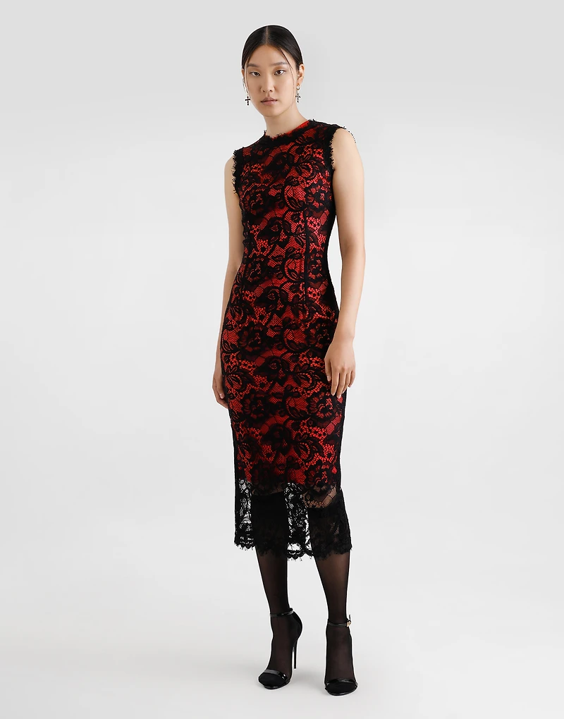 Calf-length floral lace sheath dress with contrasting lining