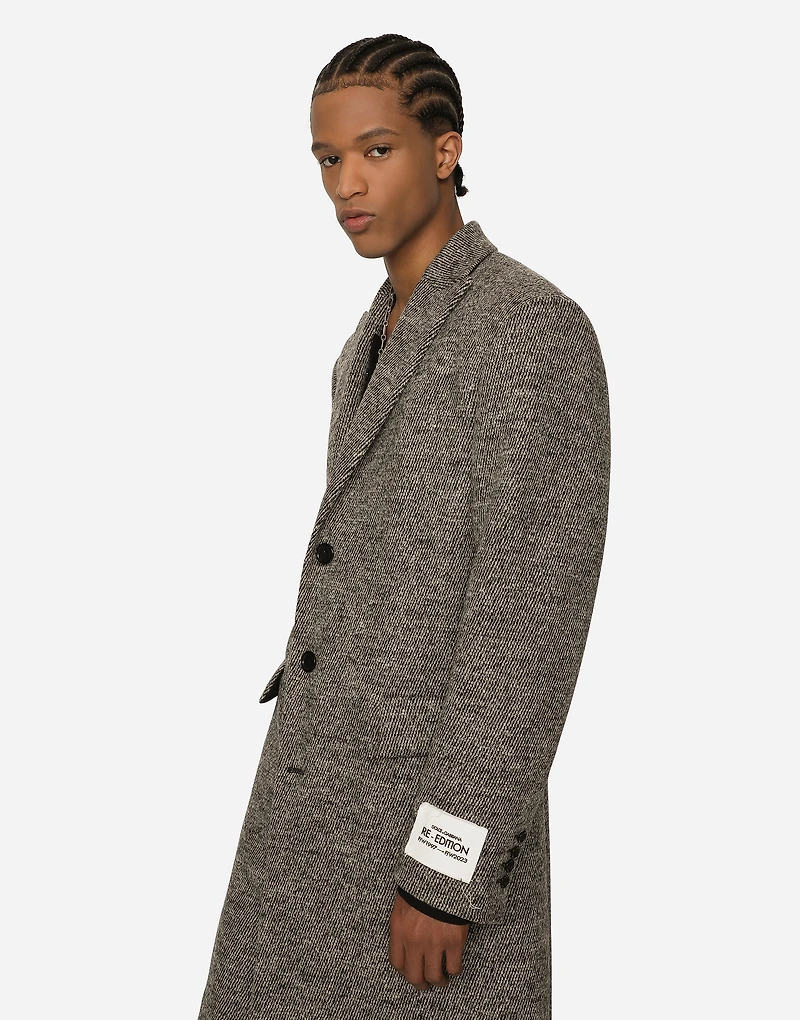 Single-breasted melange diagonal-weave wool coat