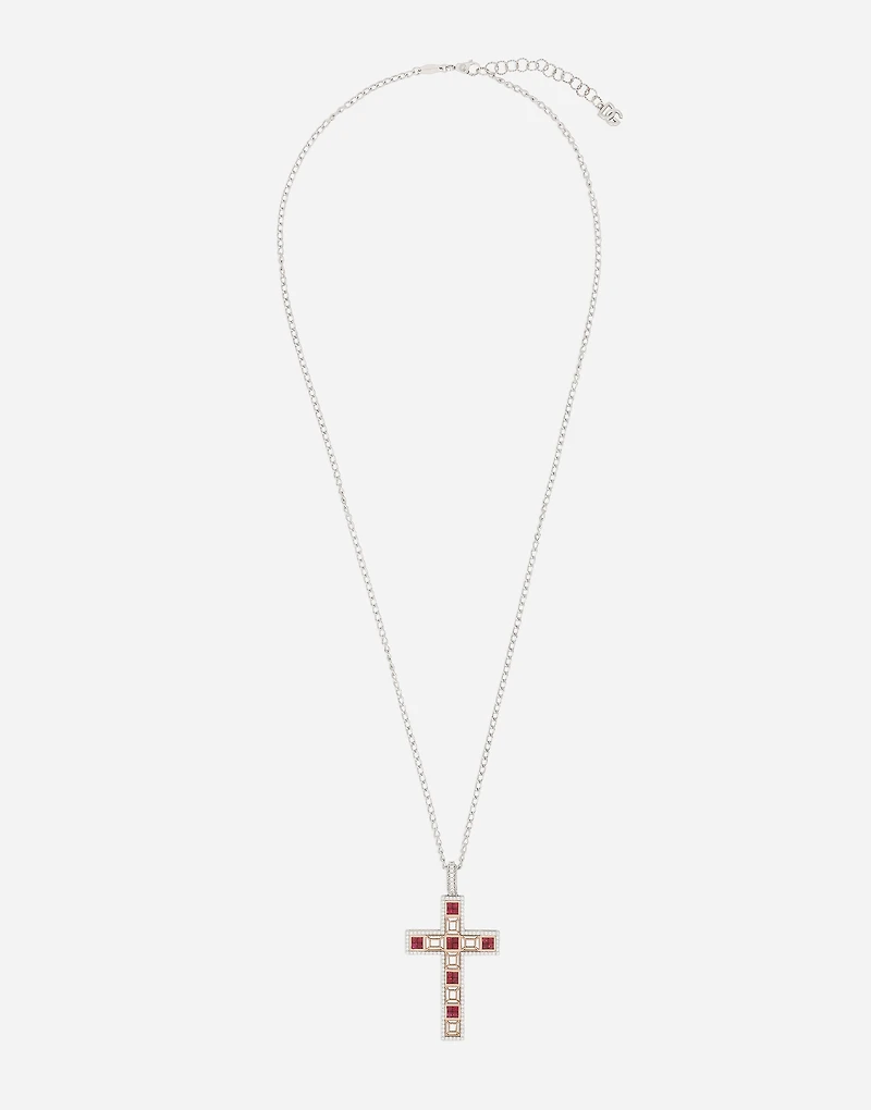 Cross Pendant 18-carat white gold with rubies and diamonds