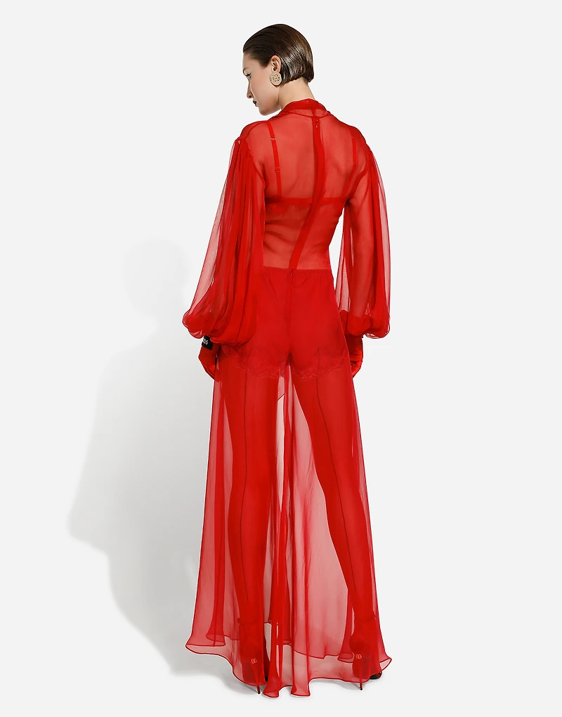 Long silk chiffon dress with bow detail