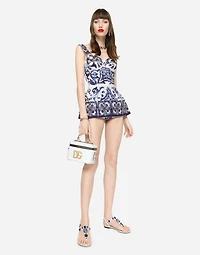 Majolica-print poplin top with peplum detail