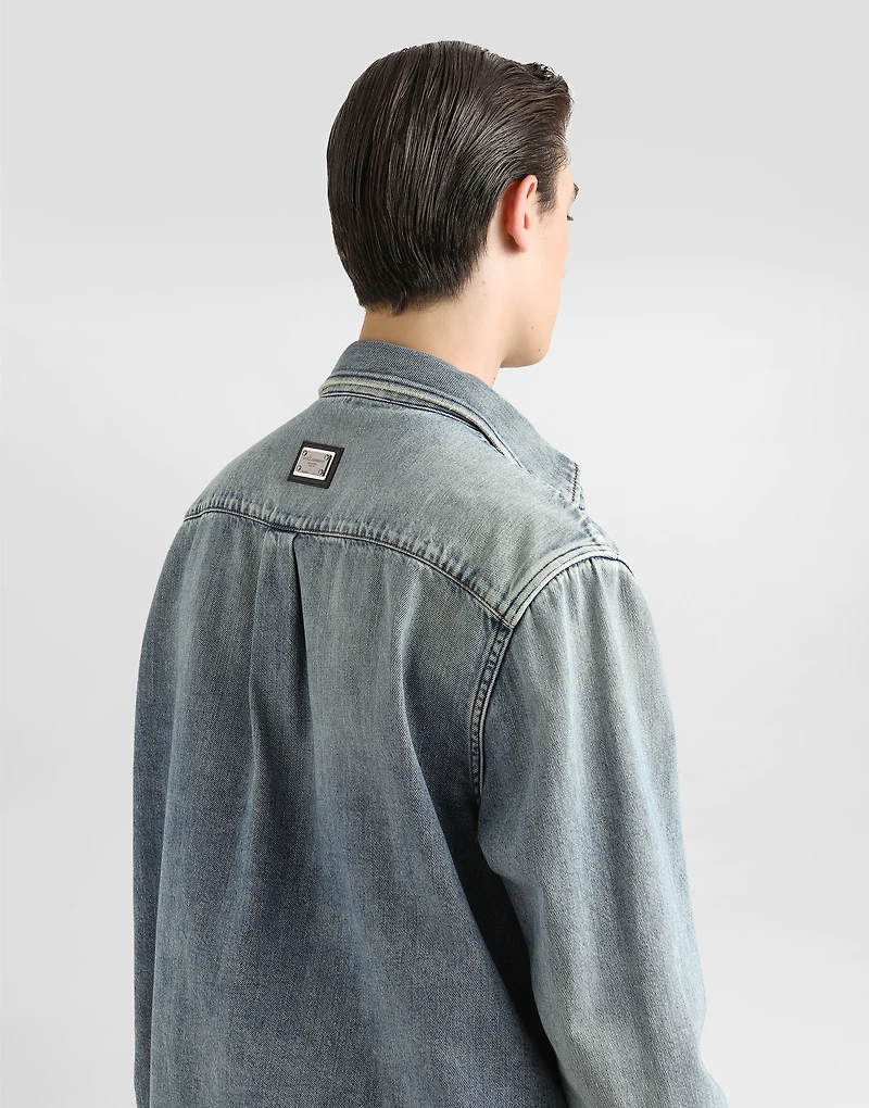 Denim shirt with bejeweled appliqués