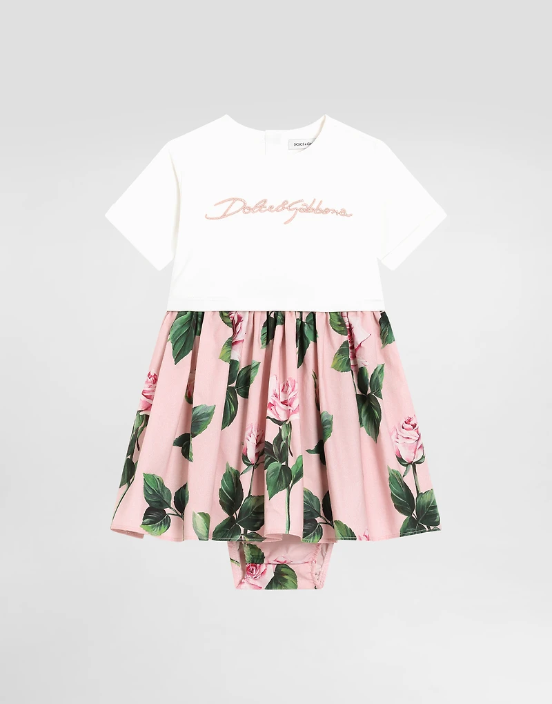 Rose-print poplin and jersey dress