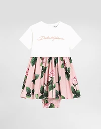 Rose-print poplin and jersey dress