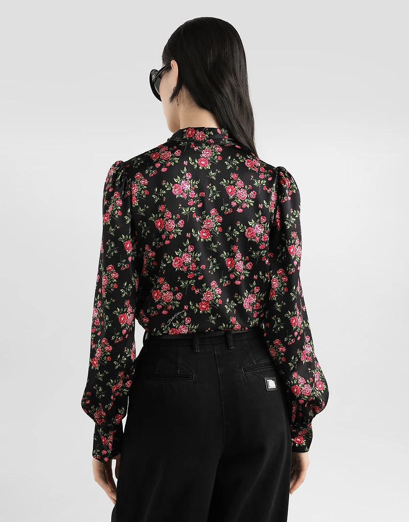 Small rose bouquet-print satin shirt