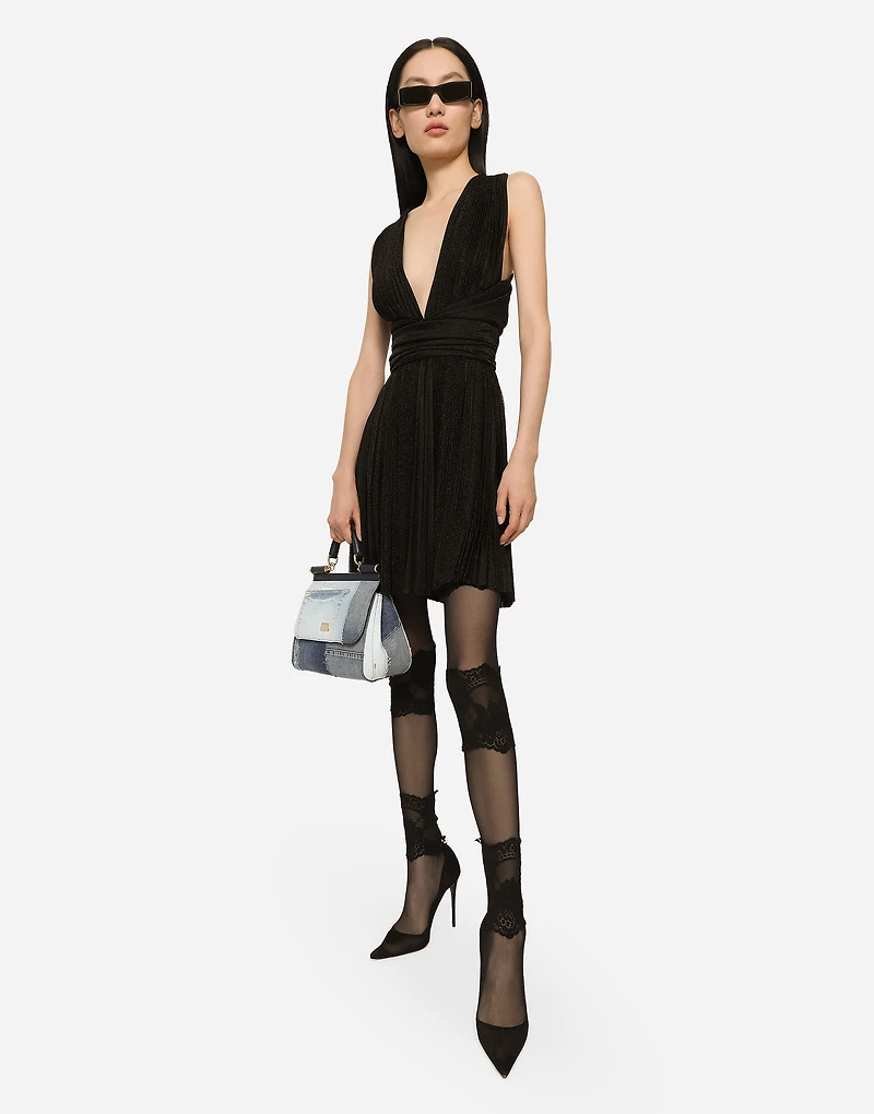 Short pleated lurex mesh dress