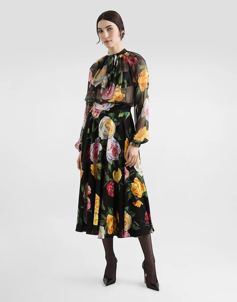 Peony and rose-print charmeuse calf-length circle skirt