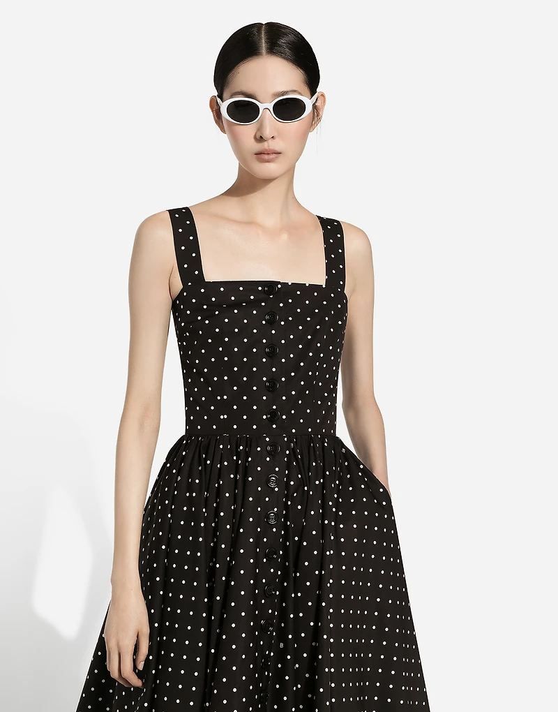 Calf-length cotton dress with polka-dot print