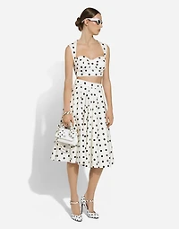 Cotton drill calf-length circle skirt with polka-dot print