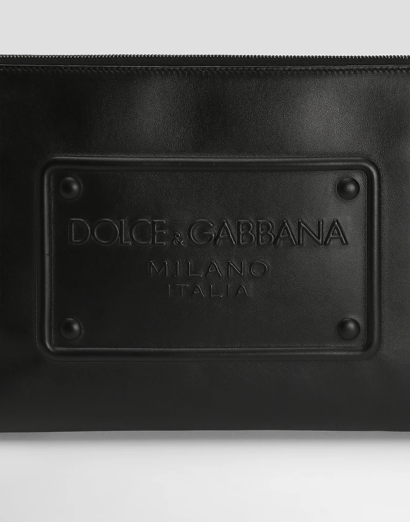 calfskin pouch with raised logo